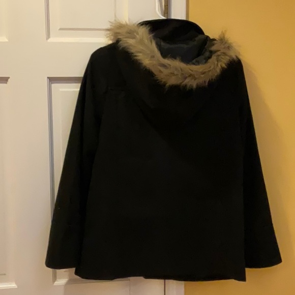 Ambience black pea coat with faux fur trimmed hood, medium. - Picture 3 of 5
